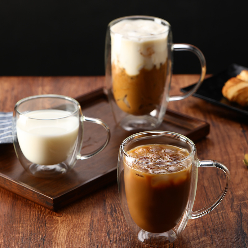 Heat-resistant double-layer glass cup, high appearance level, high borosilicate handle, can be printed with logo, portable coffee cup Specification drawing