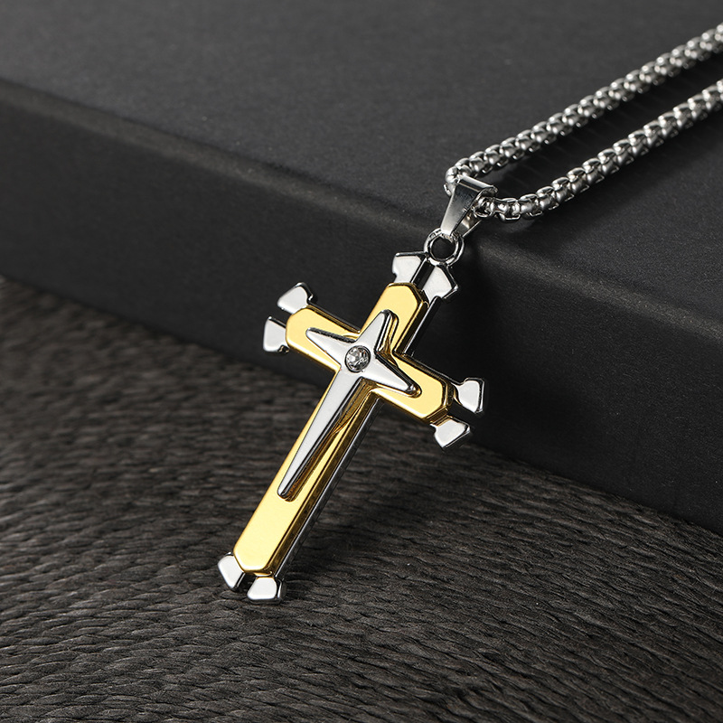 Wholesale of the 2024 cross-border new Saint Knight style men's cross-shaped pendant in silver and gold with a powerful titanium steel pendant necklace full figure