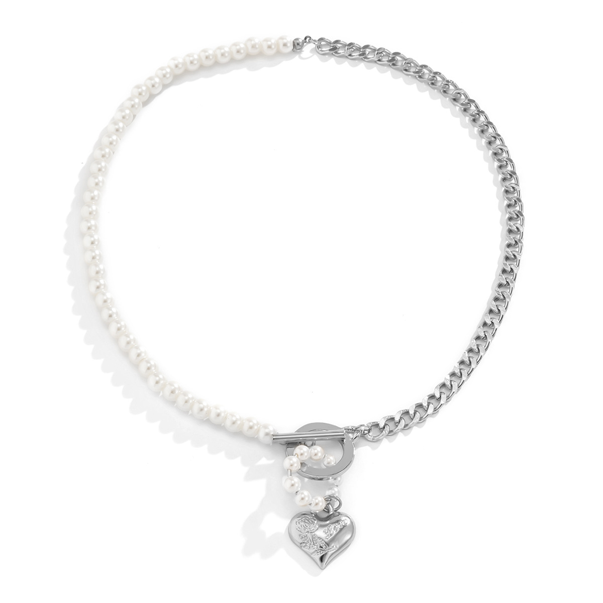 Retro imitation pearl OT buckle splicing personalized collarbone necklace, European and American simple geometric heart asymmetrical metal necklace Item Picture