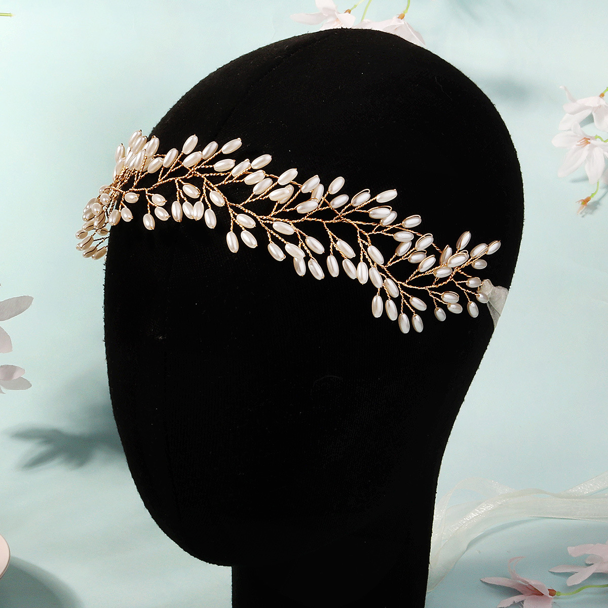 New European and American bridal headwear, pearl headband, hand-woven double-layer cross hair accessory, beautiful and versatile wedding dress accessory Specification drawing