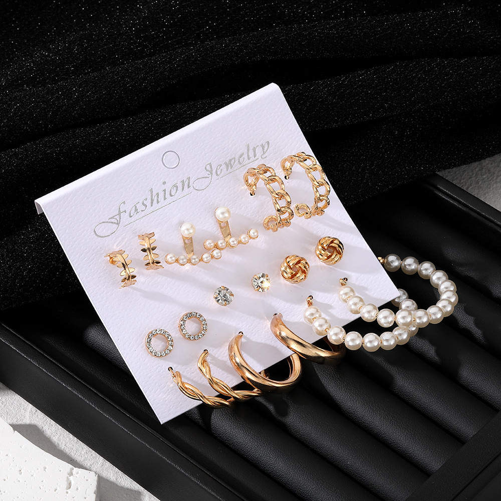 A new batch of 9-piece creative French retro gold earrings set with pearl inlays for cross-border women from Europe and America Application Scenario