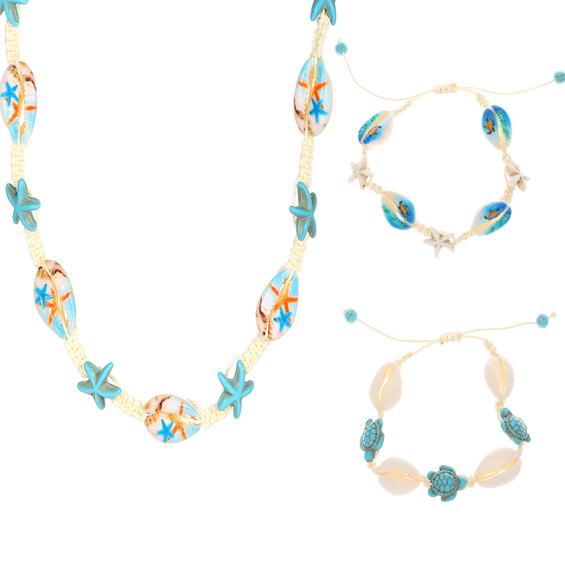 Summer ocean-style cartoon shell jewelry set for women, Bohemian creative woven turtle and starfish necklace bracelet Item Picture