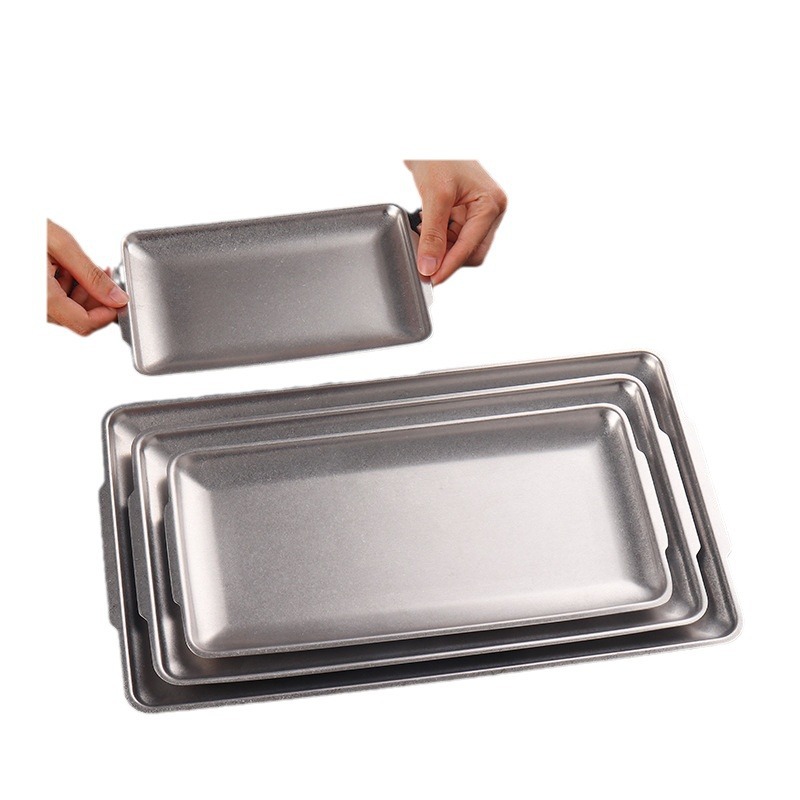 Retro tableware, stainless steel tray, rectangular, aged shallow plate, industrial-style storage plate, barbecue plate, fruit and dessert plate Application Scenario