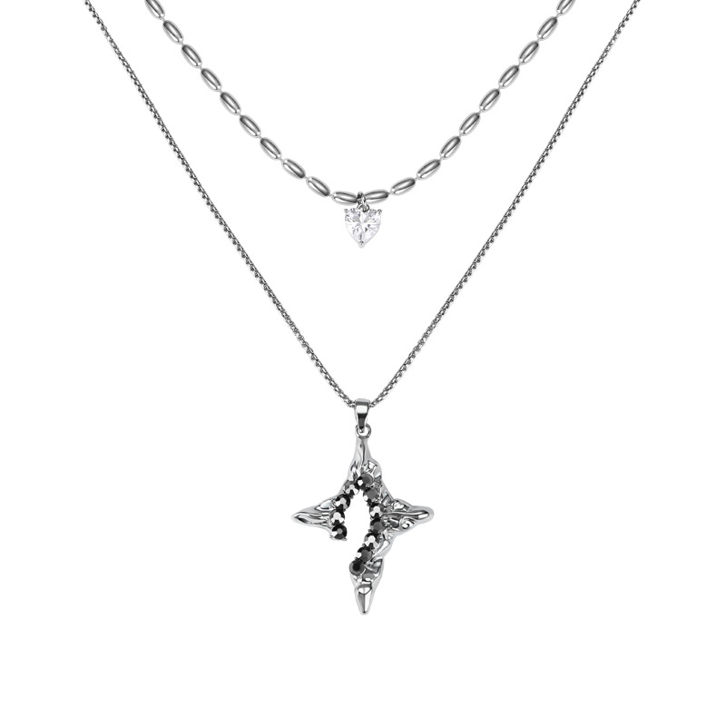 Original flowing four-pointed star double-layered necklace for women, a light luxury and high-end look, fashionable and versatile, exquisite and individual collarbone chain Item Picture