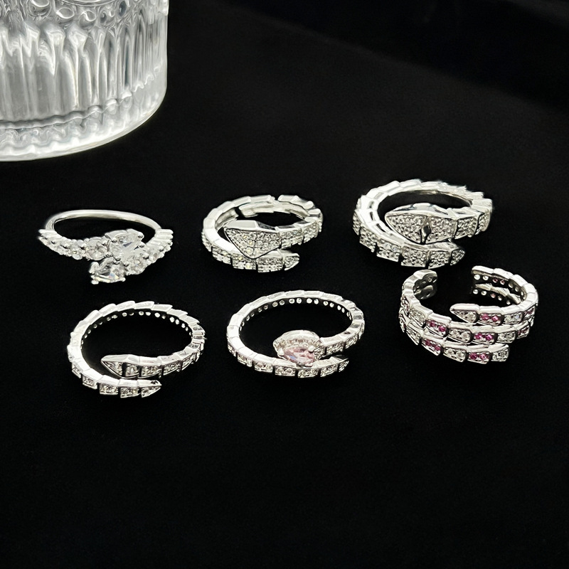 French light luxury high-end snake-shaped full diamond open ring for women's Instagram cold style, versatile, simple and elegant index finger ring Specification drawing