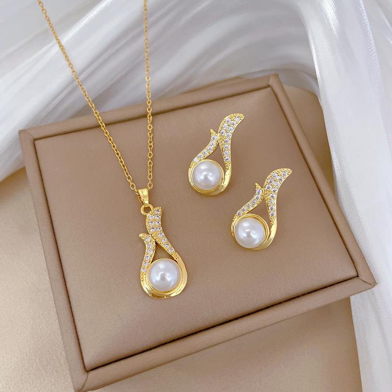 【 Titanium Steel 】 Necklace and Earring set, light luxury Full diamond pearl Xintiange personalized and elegant banquet earrings and Necklaces Specification drawing