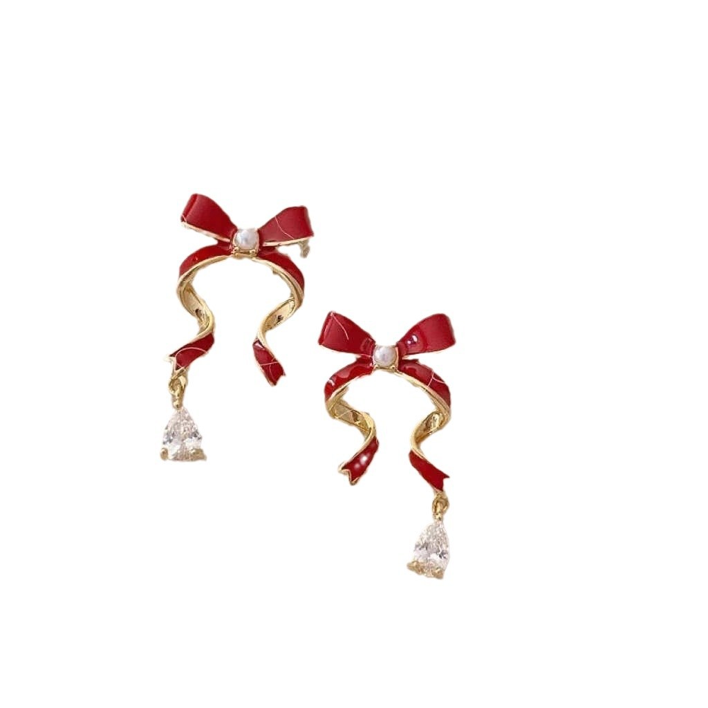 Autumn and winter New Year red bow ribbon earrings, zircon stud earrings for women, light luxury and high-end earrings wholesale Item Picture