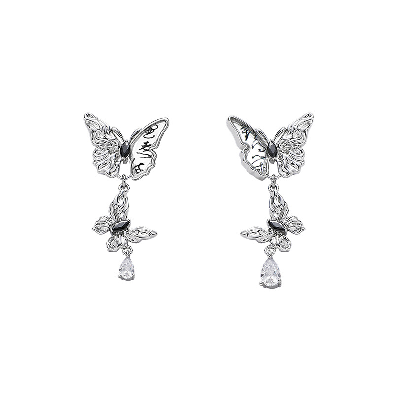 New Chinese-style calligraphy and painting butterfly long earrings for women wholesale, retro and high-end feel, 925 silver needle stud earrings, light luxury trendy earrings Item Picture