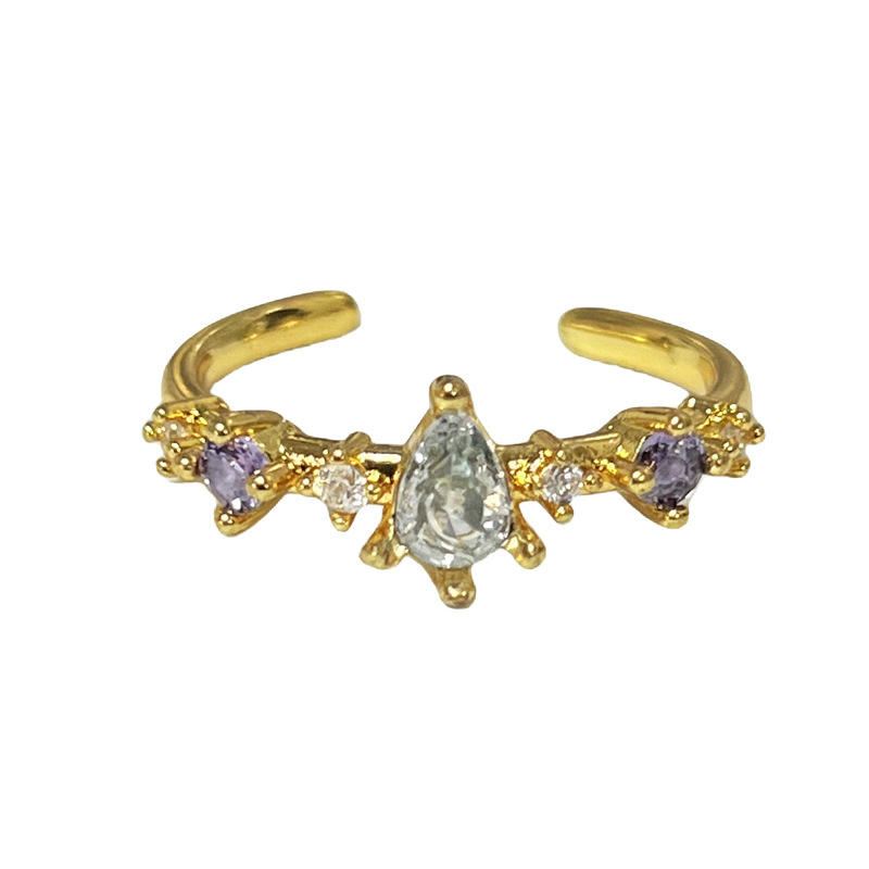 Forest-themed, fresh and light luxury water-drop colored diamond open-mouth ring, a niche and cold style for women, a sweet and cool Hong Kong style ring trend Item Picture