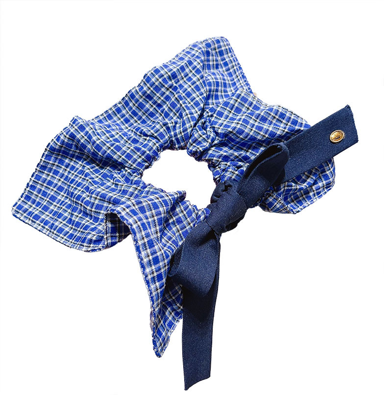Korean-style denim blue bow check square scarf, large intestine hair tie, women's high-end look, square hair tie headwear, ponytail hair tie Item Picture