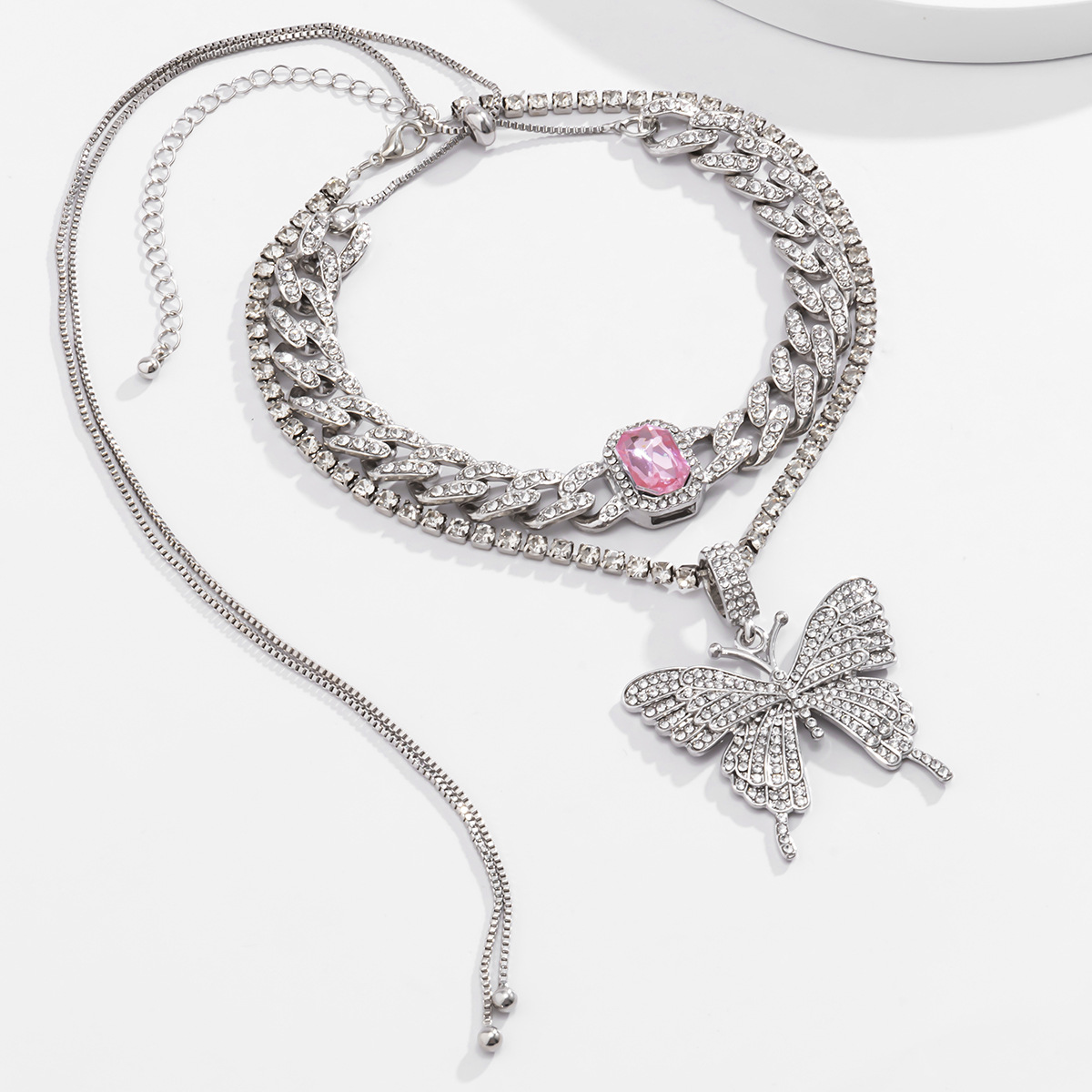 European and American cross-border jewelry, personalized Cuban chain, exaggerated necklace, women's fashionable and elegant diamond-encrusted butterfly gemstone necklace Item Picture