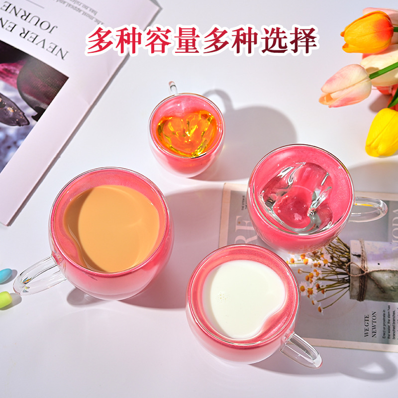 Simple double-layer high appearance level glass cup with handle, couple gift, heart-shaped high borosilicate milk and juice cup, household cup Specification drawing