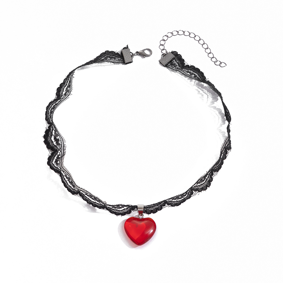 Black versatile lace collarbone chain with a sweet and cool style, red glass heart-shaped pendant necklace for cross-border European and American jewelry Item Picture