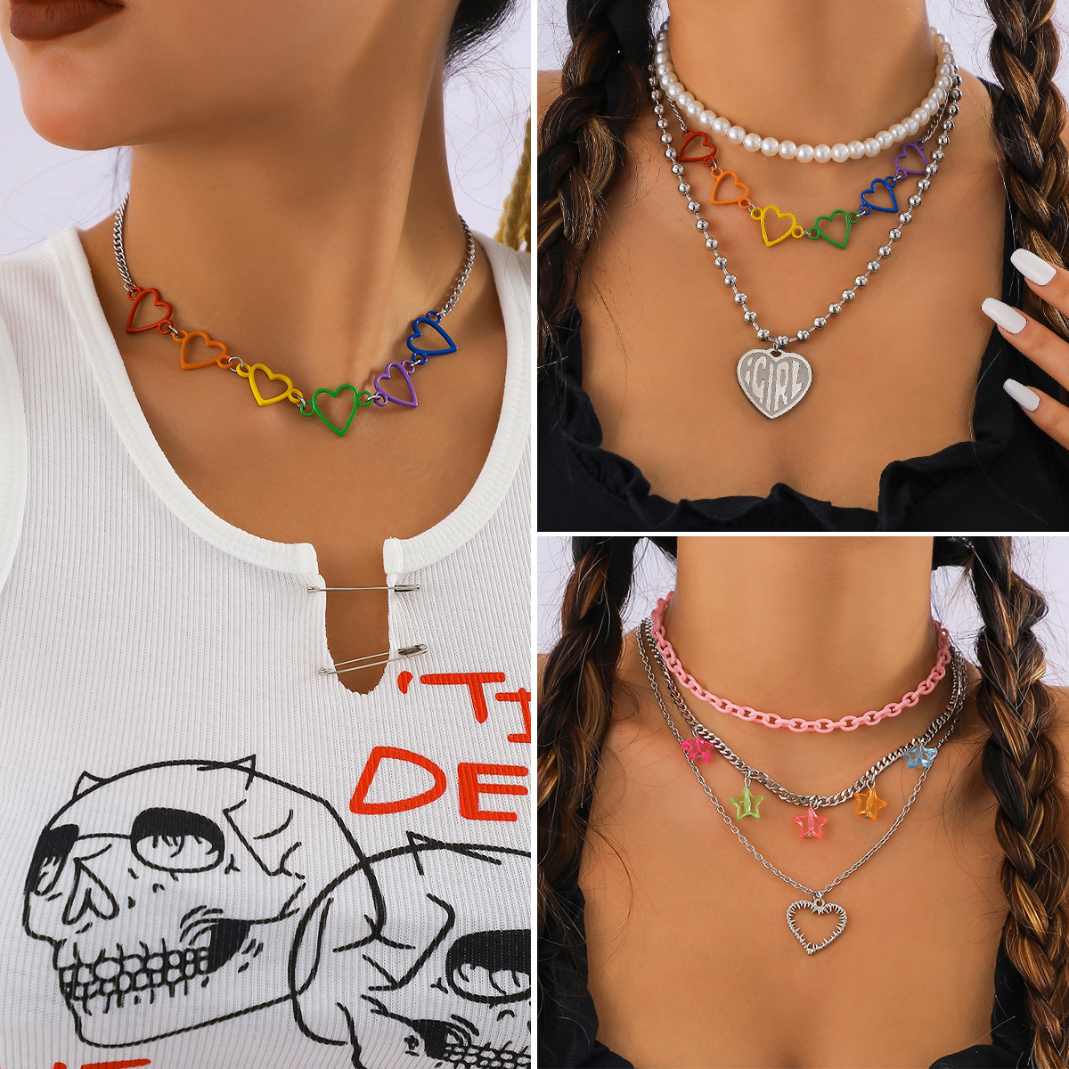 A minimalist, hollowed-out, colorful heart-shaped hip-hop necklace from Europe and America, a niche design imitating pearl and star necklaces full figure