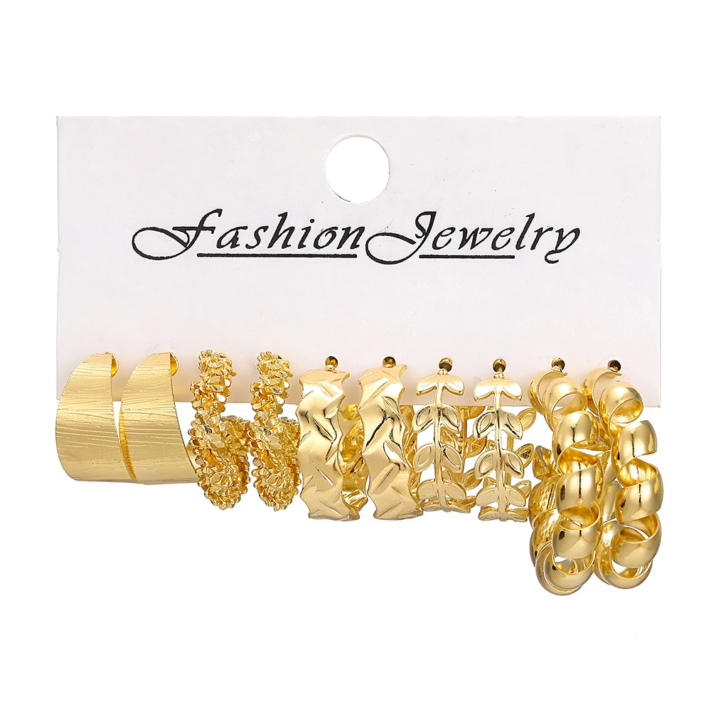 A 6-piece set of European and American fashionable commuting geometric hammered pattern earrings, creating a versatile golden stud imitation pearl women's earrings Item Picture