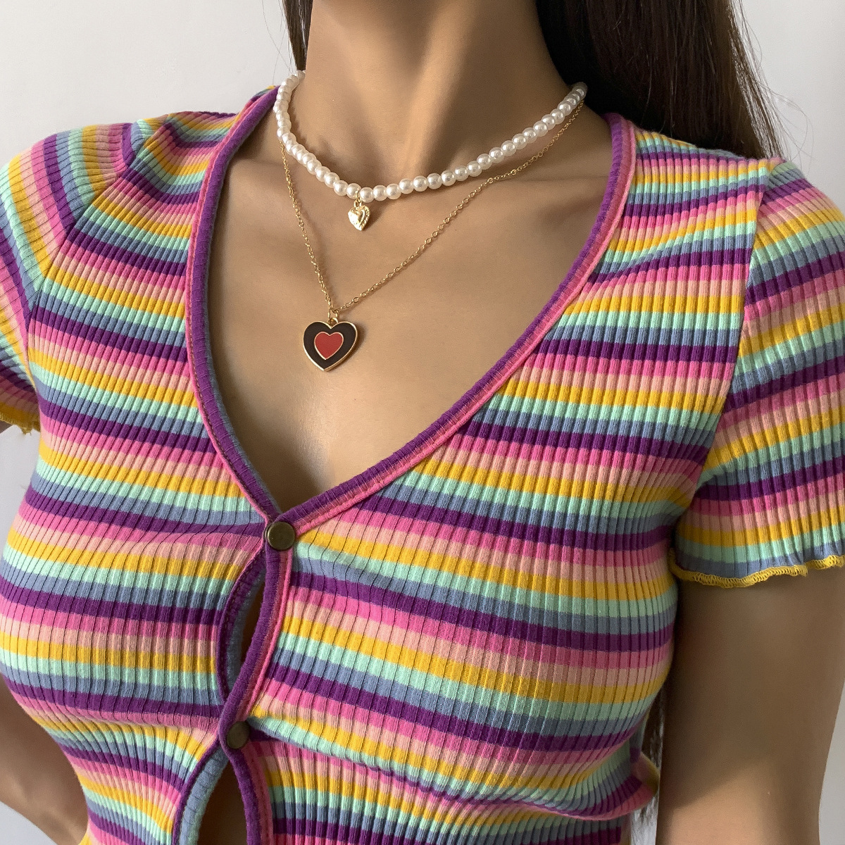 Hip-hop sweet and cool geometric oil-dripping heart necklace, retro imitation pearl set, beaded necklace, European and American cross-border jewelry Specification drawing