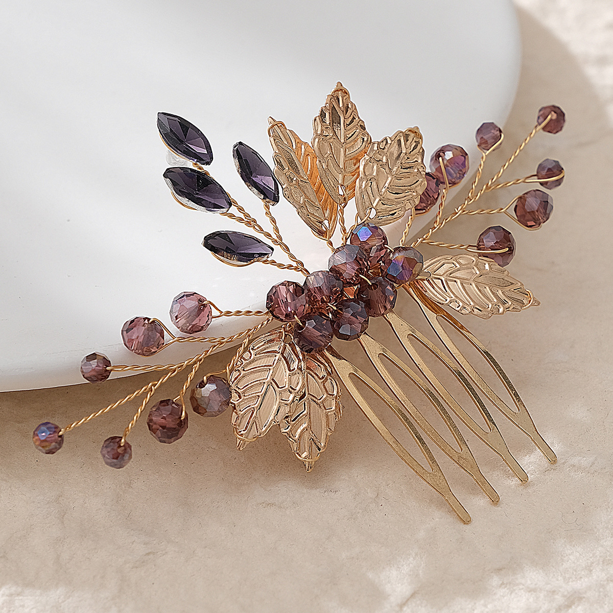 New Chinese-style Xiuhe ancient-style hair accessory, a beautiful forest-style bride's bangs with a purple crystal handcrafted updo headwear details Picture