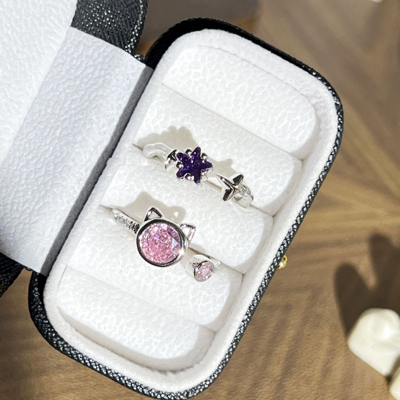 Korean version cute and sweet pink diamond kitten open ring, female student purple diamond star niche light luxury cold style ring Application Scenario