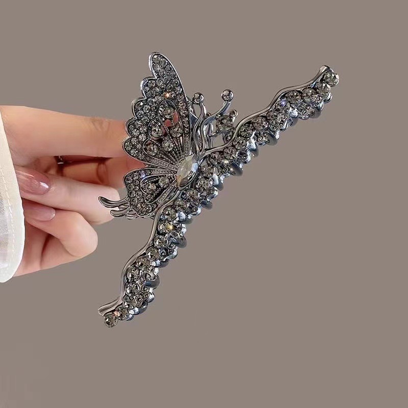 High-end, light luxury pearl water diamond butterfly grabber, women's back head plate hair clip, large shark clip headwear hair clip details Picture