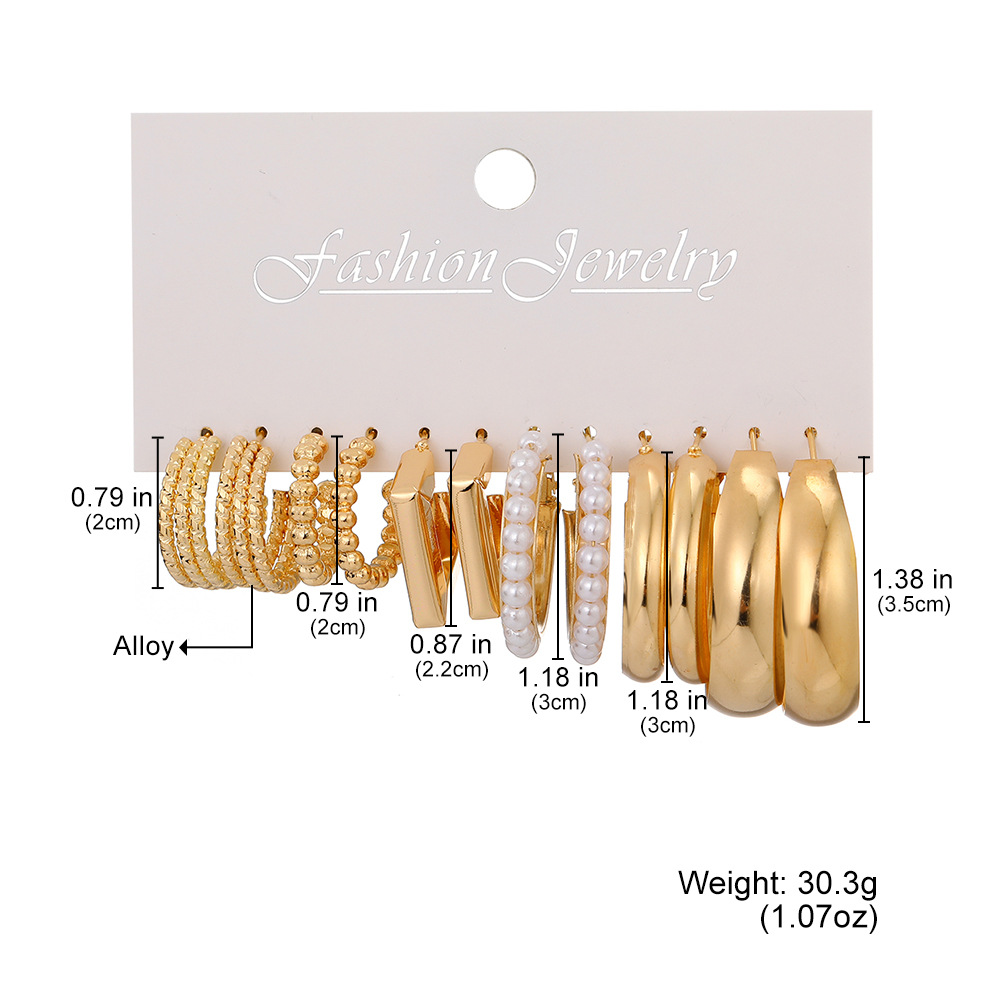 European and American cross-border geometric multi-layer C-shaped pearl earrings, ear rings, ear studs, 6 pairs of clip earrings set for women details Picture
