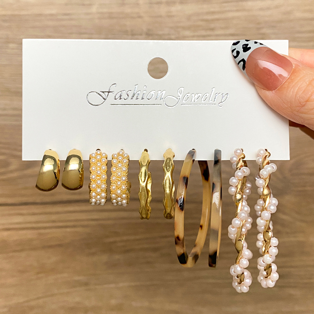 Korean jewelry world Cross-border circle ear ring creative retro pearl Earring set 5 pieces acrylic butterfly pendant earrings Specification drawing