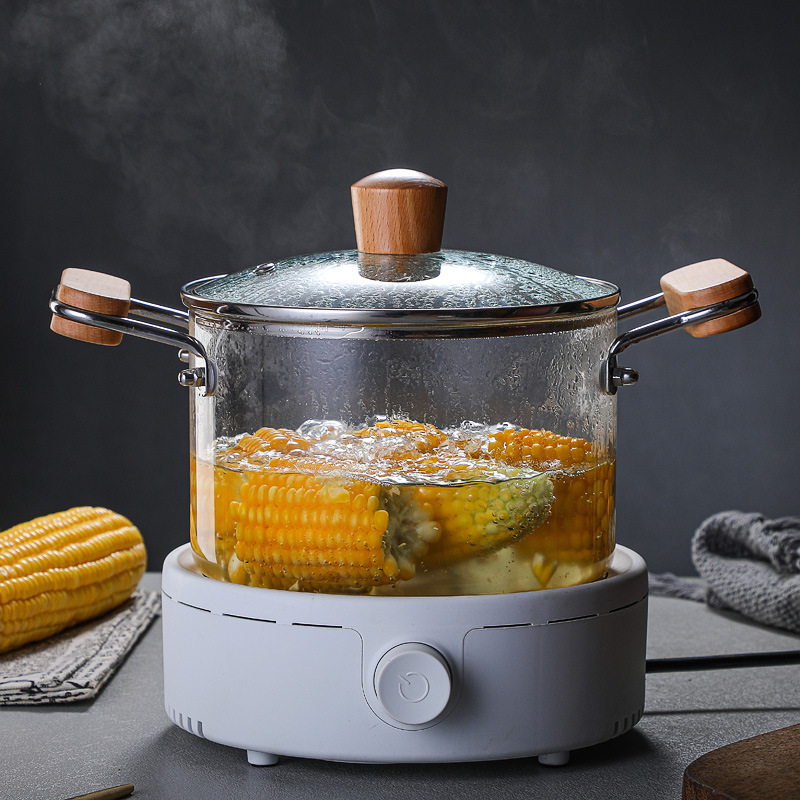 High borosilicate anti-scald and heat-insulating soup pot, wooden bead glass cover, glass steamer, open flame heating, double-ear wooden handle stew pot Specification drawing