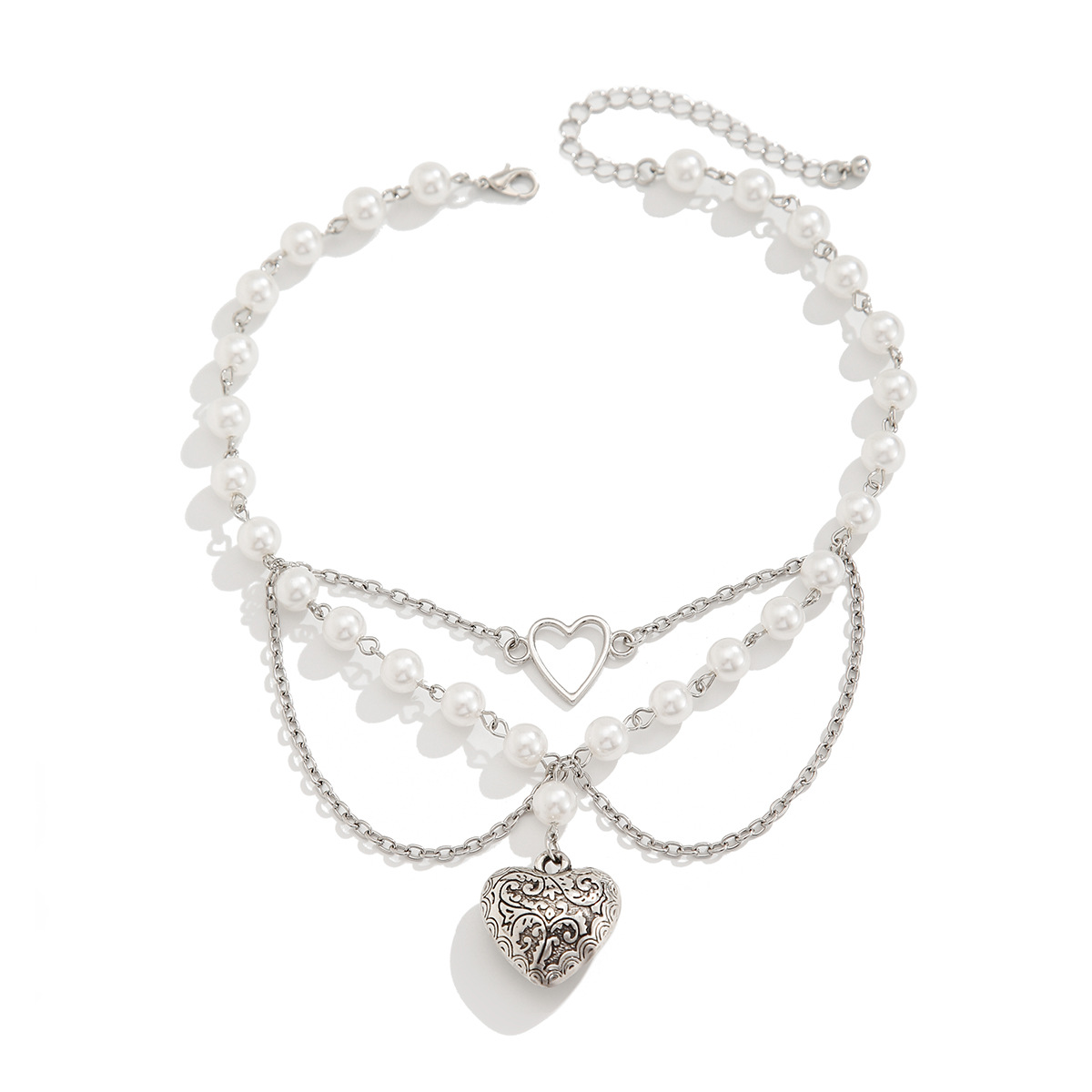 European and American cross-border jewelry fashion five-pointed star pearl string Necklace simple printed heart alloy Necklace Item Picture