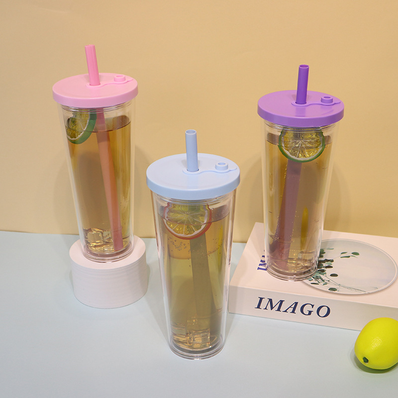【 Customized Processing 】 Double-layer plastic straw water cup, coffee cup, new portable heat-insulating cold drink cup for easy use details Picture