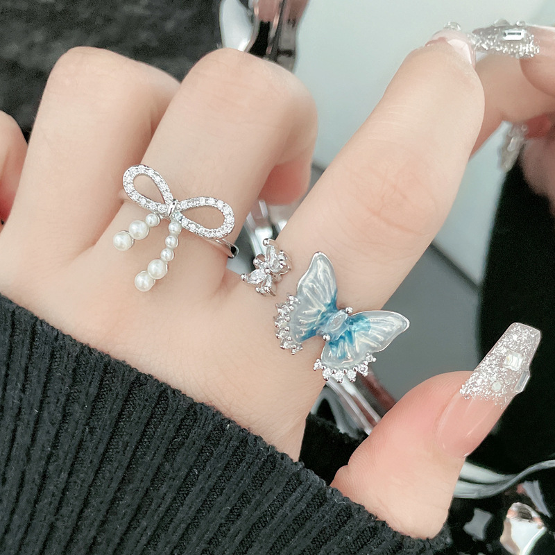 Summer ice blue butterfly, fresh, sweet and cool open ring, women's bow, pearl, light luxury, cold style, niche ring details Picture