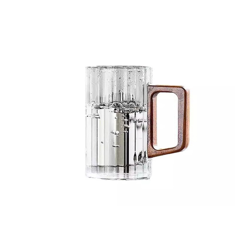 Factory wholesale transparent striped glass cups, light luxury and simple wooden handle green tea cups, home and office drinking cups for entertaining guests Item Picture