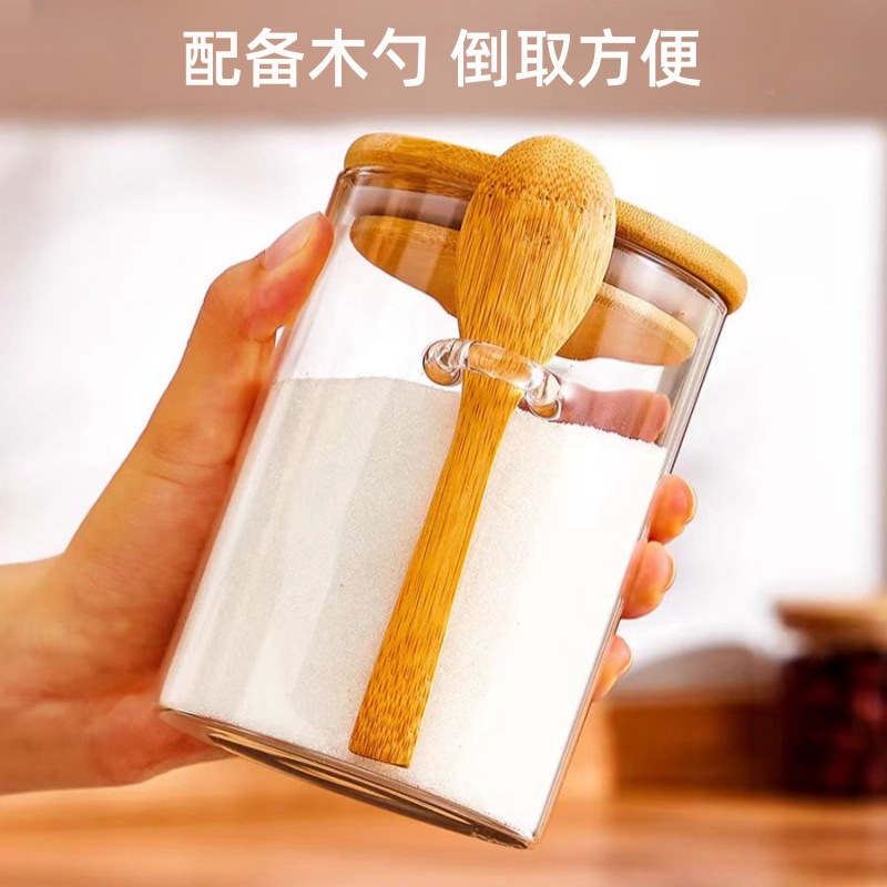 High borosilicate sugar storage jar with spoon, household sealed storage glass storage jar, transparent for kitchen organization Application Scenario