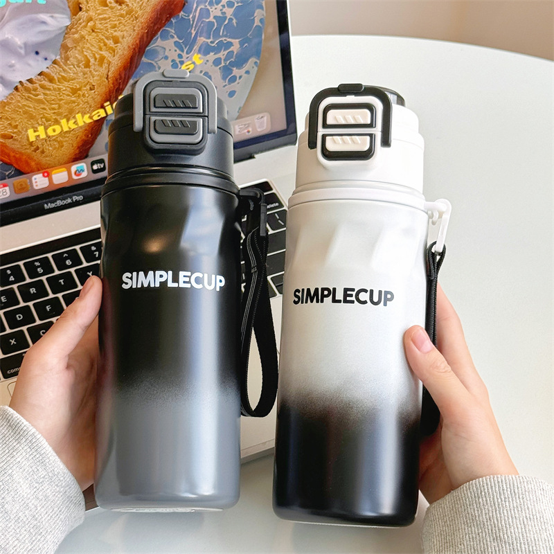 Gradient jumping double-drinking thermos cup 670ml outdoor sports portable straw cup with handle, high appearance level double-drinking cup details Picture