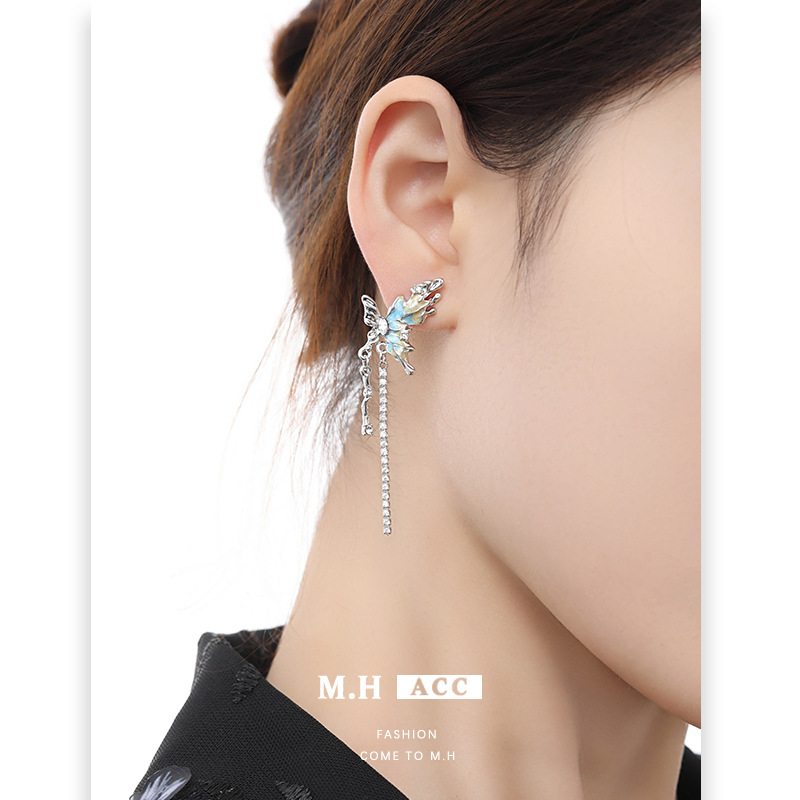 Original orange and blue gradient butterfly earrings, stylish and novel ladylike stud earrings, fashionable and ins high-end earrings wholesale Specification drawing