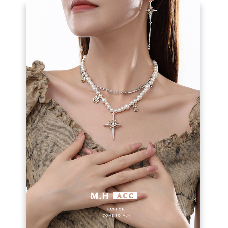 Original pearl four-pointed star necklace, no color fading, women's summer high-end style new collarbone chain, versatile and exquisite necklace Specification drawing