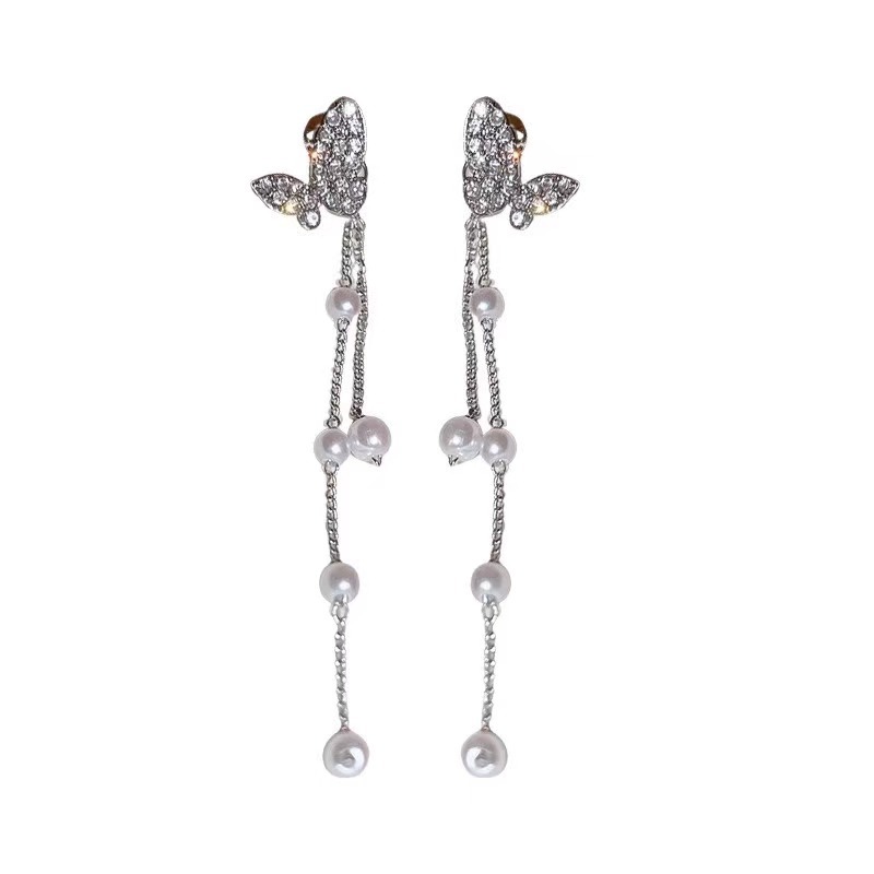 One pair, dual wear ~ Light luxury, high-end, niche butterfly tassel stud earrings for women, ins, niche, versatile, fashionable, simple, long ear style Item Picture