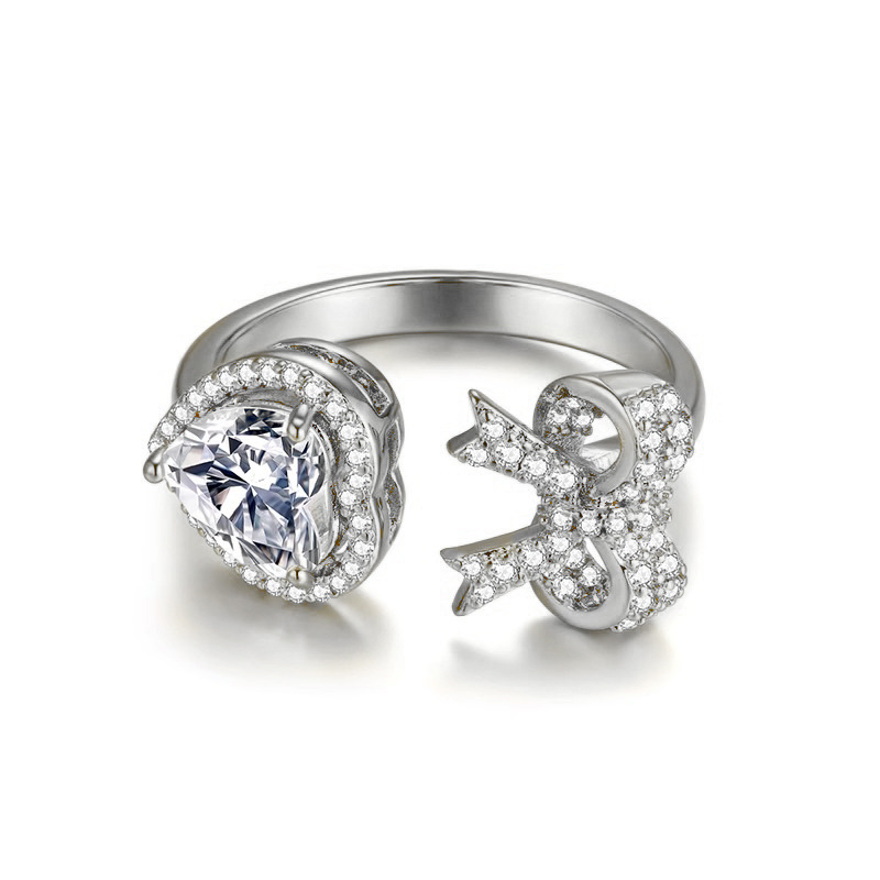 A light luxury and high-end heart-shaped diamond open ring for women on Instagram, with a cold and elegant style, a bow-shaped heart-shaped zircon ring Item Picture