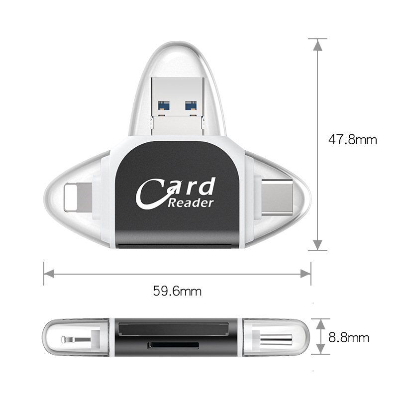 Plug-and-play, suitable for Apple and Android mobile phones, multi-functional card reader, 4-in-1 multi-functional TF card, SD card Specification drawing