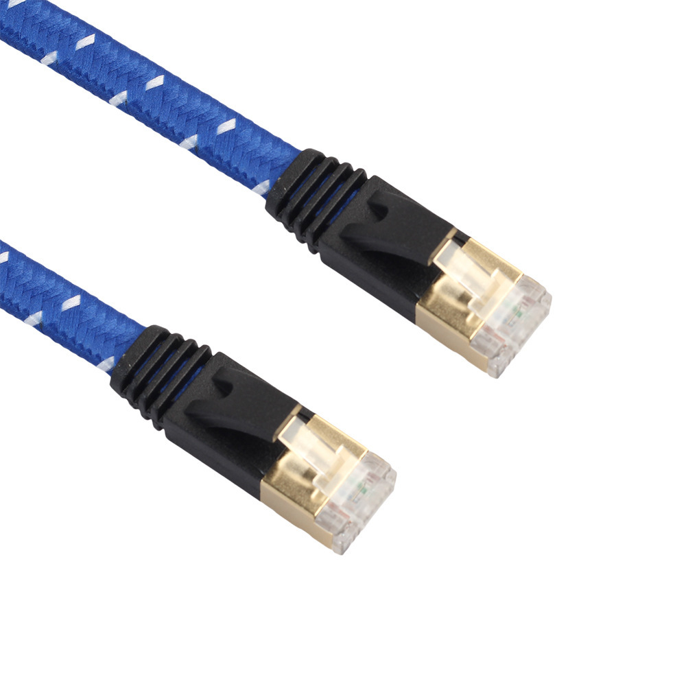 Cross-border supply of gold-plated head double-shielded braided net blue CAT7 10G Category 7 flat computer router network cable details Picture