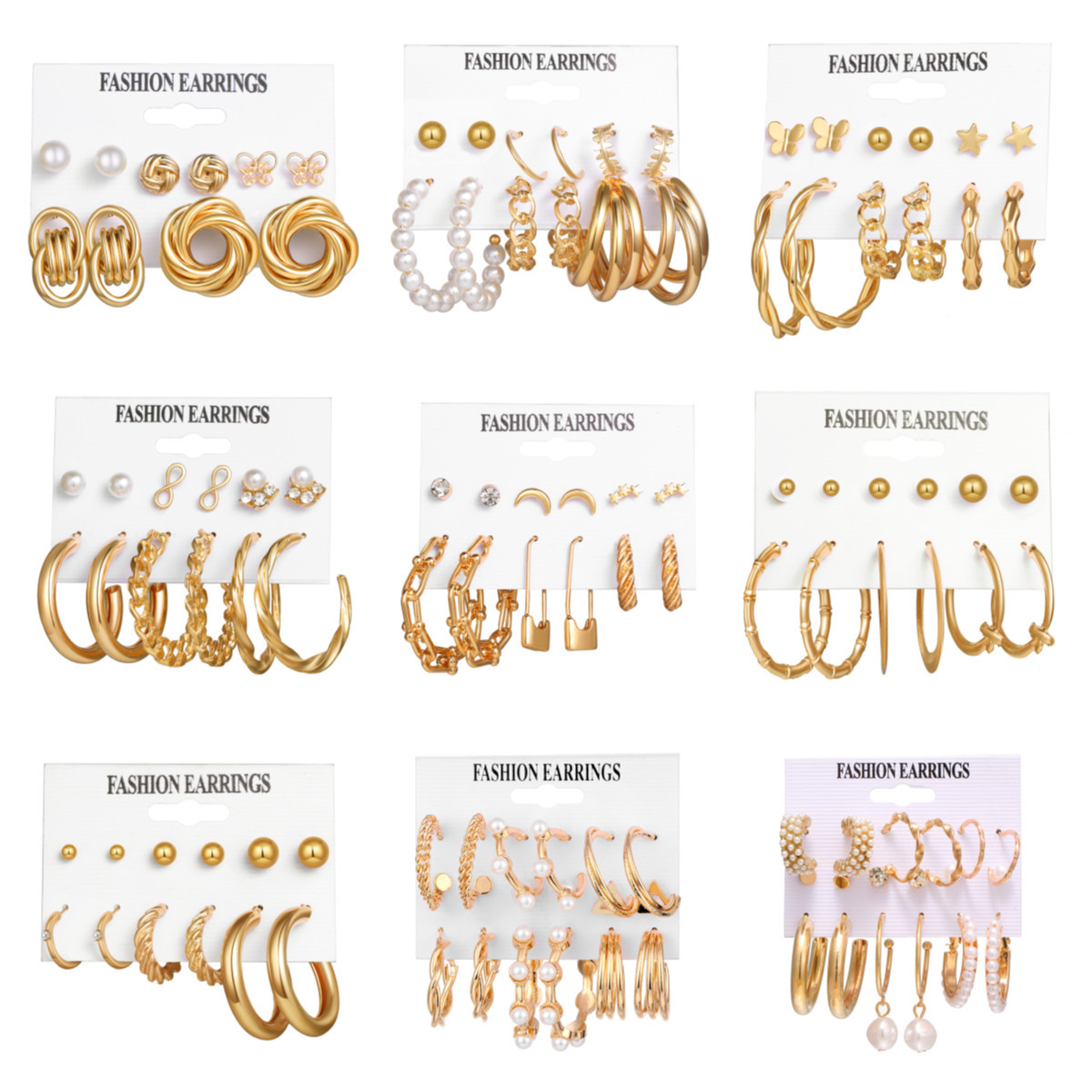 Retro gold earring set, 6-piece stud set, European and American cross-border French geometric inlaid pearl earrings details Picture