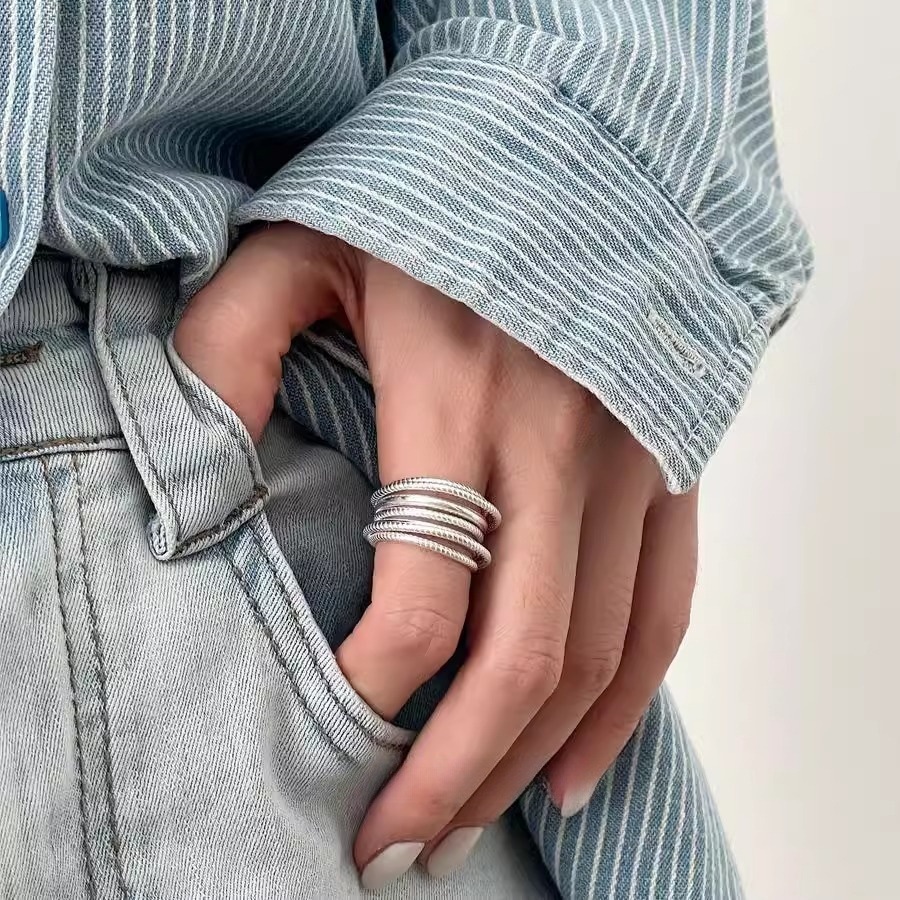 Layered heavy industry multi-layer threaded smooth line ring for women, 925 silver, niche design, high-end open ring Specification drawing