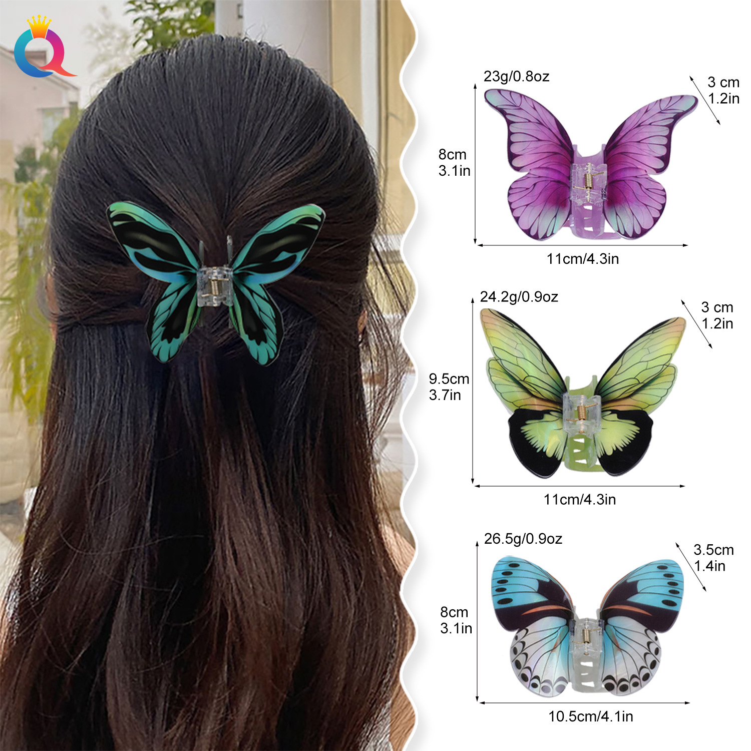 Qiyue Cross-border Simulation butterfly claw clip, stylish back of the head ponytail clip, updo hair clip, shark clip hair accessory wholesale details Picture
