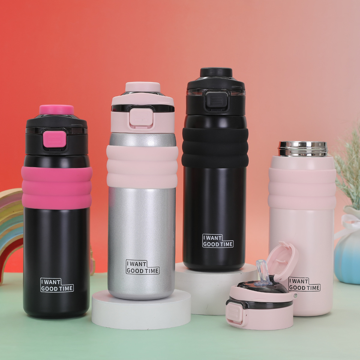 High-appearation-level women's sports water bottle, portable double-drinking, office and school insulated cup, large-capacity bouncing straw cup details Picture