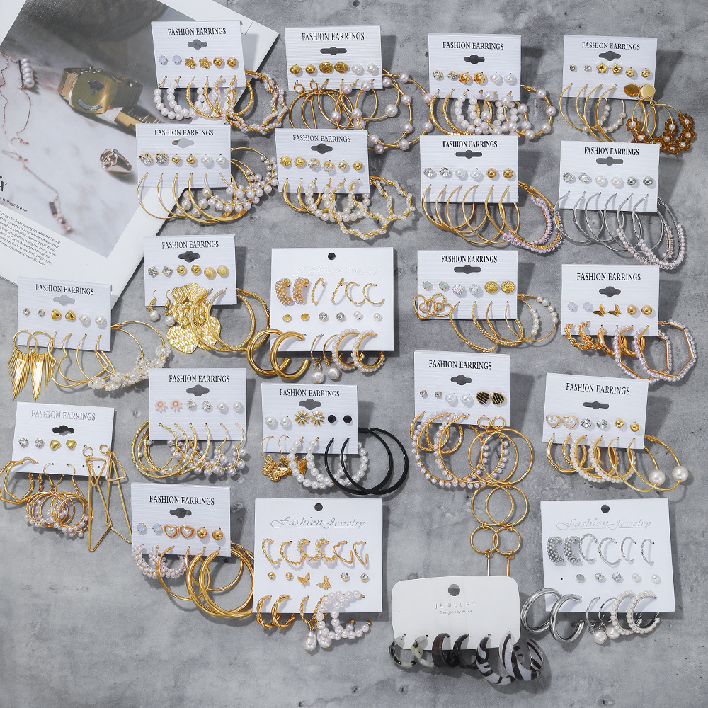 Wholesale of new, simple and retro pearl earrings from Europe and America, creative and simple 5-pair Earring set Specification drawing
