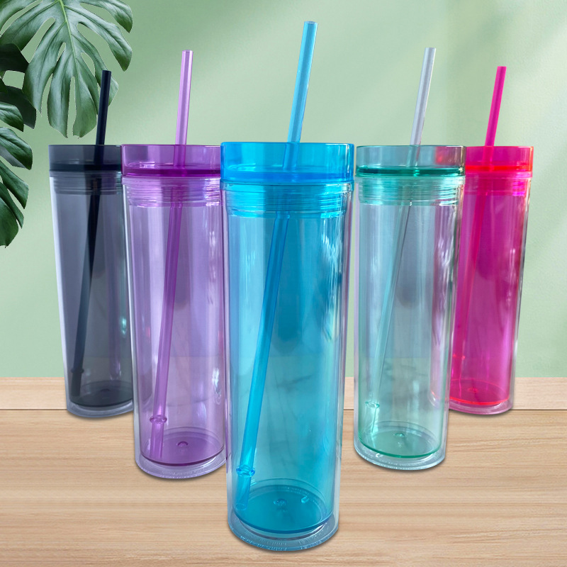 New plastic double-layer straw cup, transparent straight tube cup, available in multiple colors, 500ml casual plastic cup, directly supplied by the manufacturer details Picture