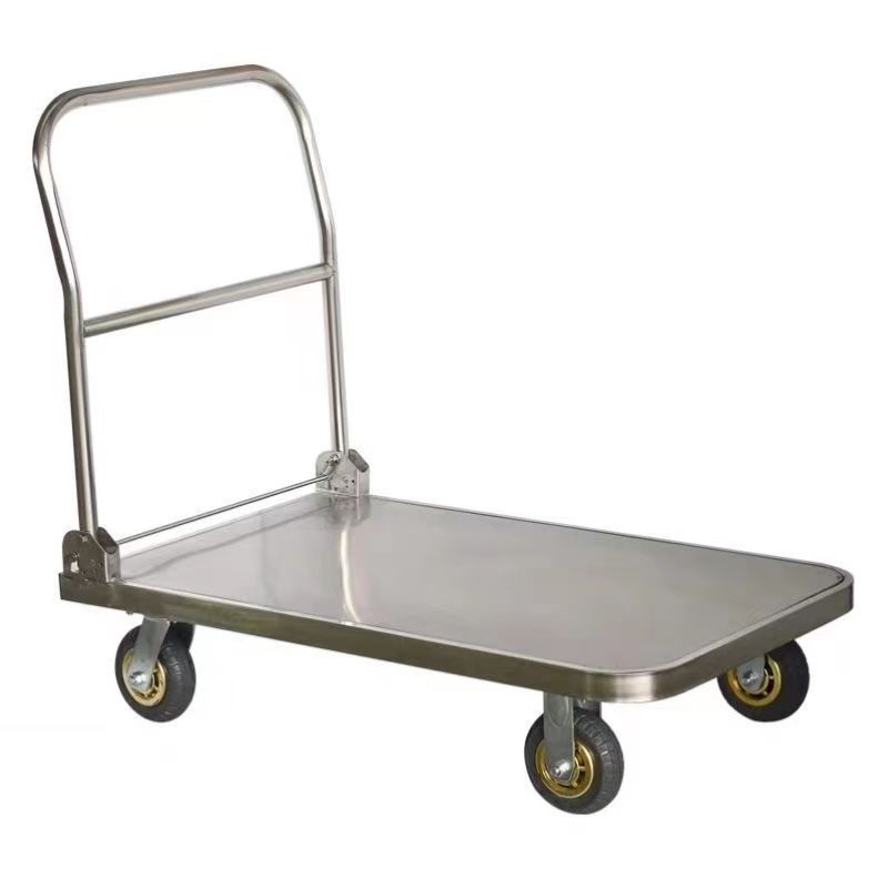 Stainless steel 304 thickened heavy-duty flat logistics folding four-wheel silent pulling truck, stainless steel handcart for handling Item Picture