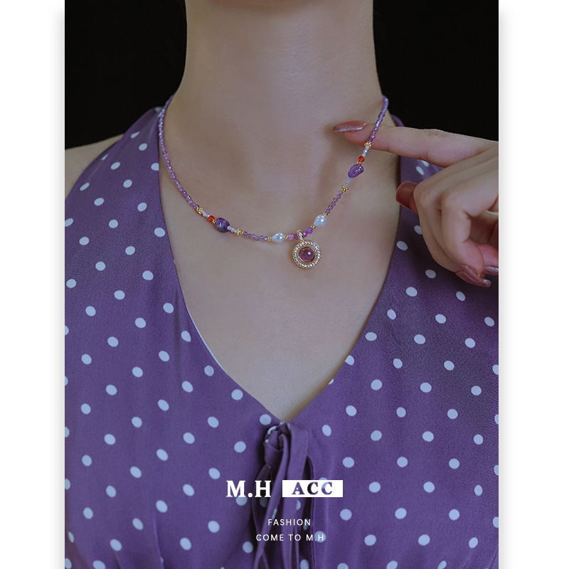 Selected amethyst zircon necklace for women, 2025 new style, light luxury, niche, fashionable and high-end beaded collarbone necklace details Picture