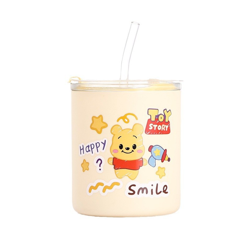 High appearance level cartoon portable juice cup, office water cup, cute glass coffee milk with straw gift cup Item Picture