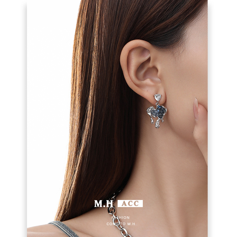 Blue heart-shaped earrings 925 silver needle high-end earrings 2024 New style cold and delicate ins style accessories wholesale Specification drawing