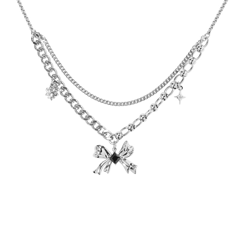 Simple, ins black glass bow necklace accessory, high-end, niche collarbone chain, fashionable and original pendant for women Item Picture