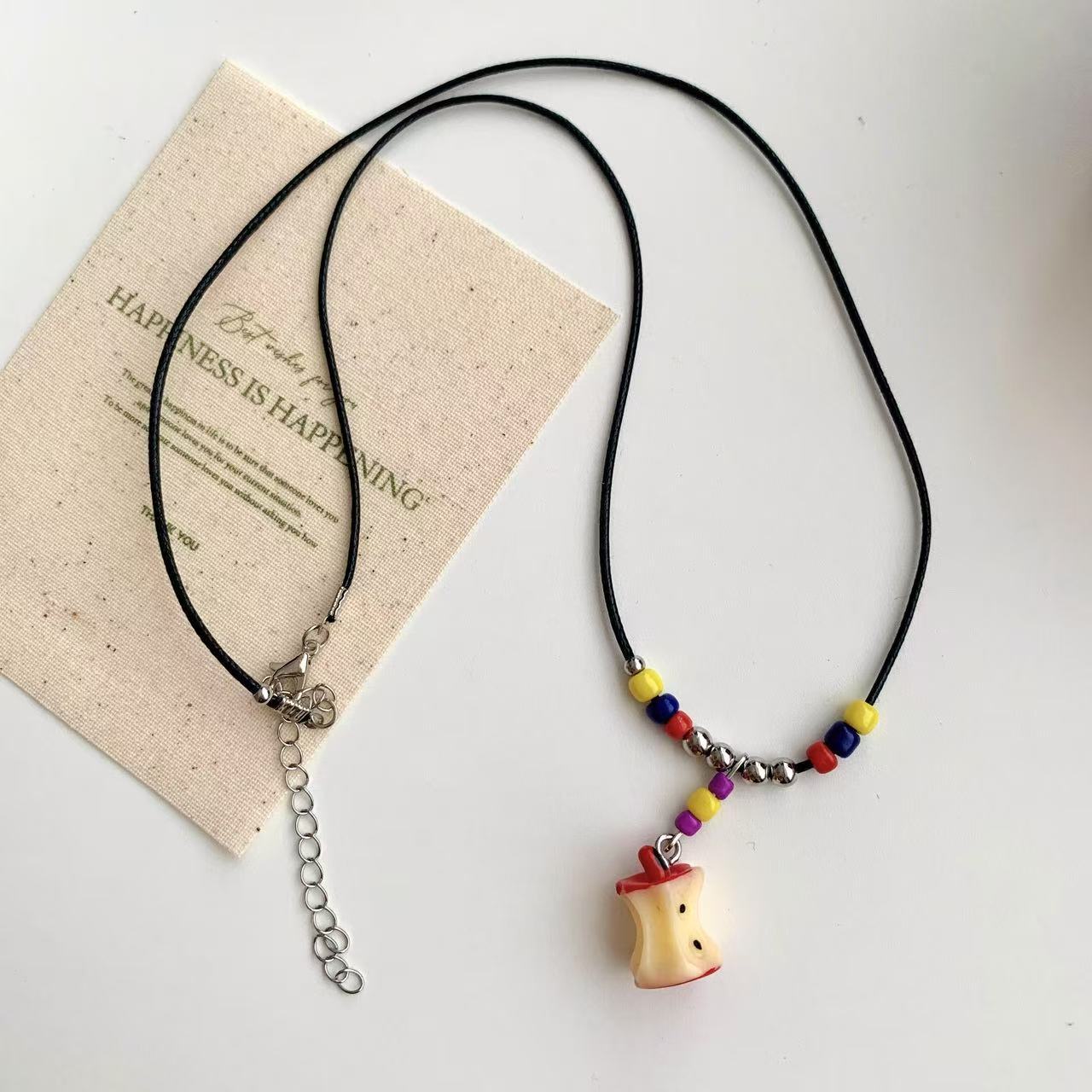 Dopamine apple core colorful beaded black rope necklace, retro and niche Korean Ink-style, cute and childlike necklace for girls Specification drawing